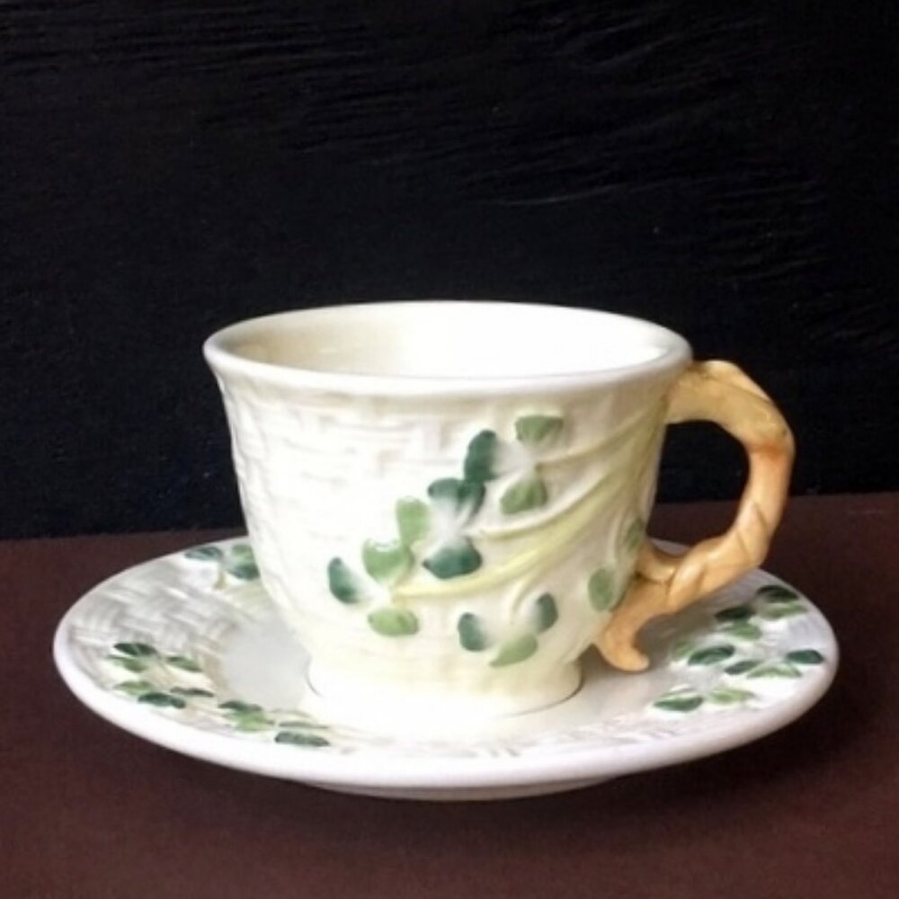 COPY- Belleek-alike shamrock basket weave cup + saucer set